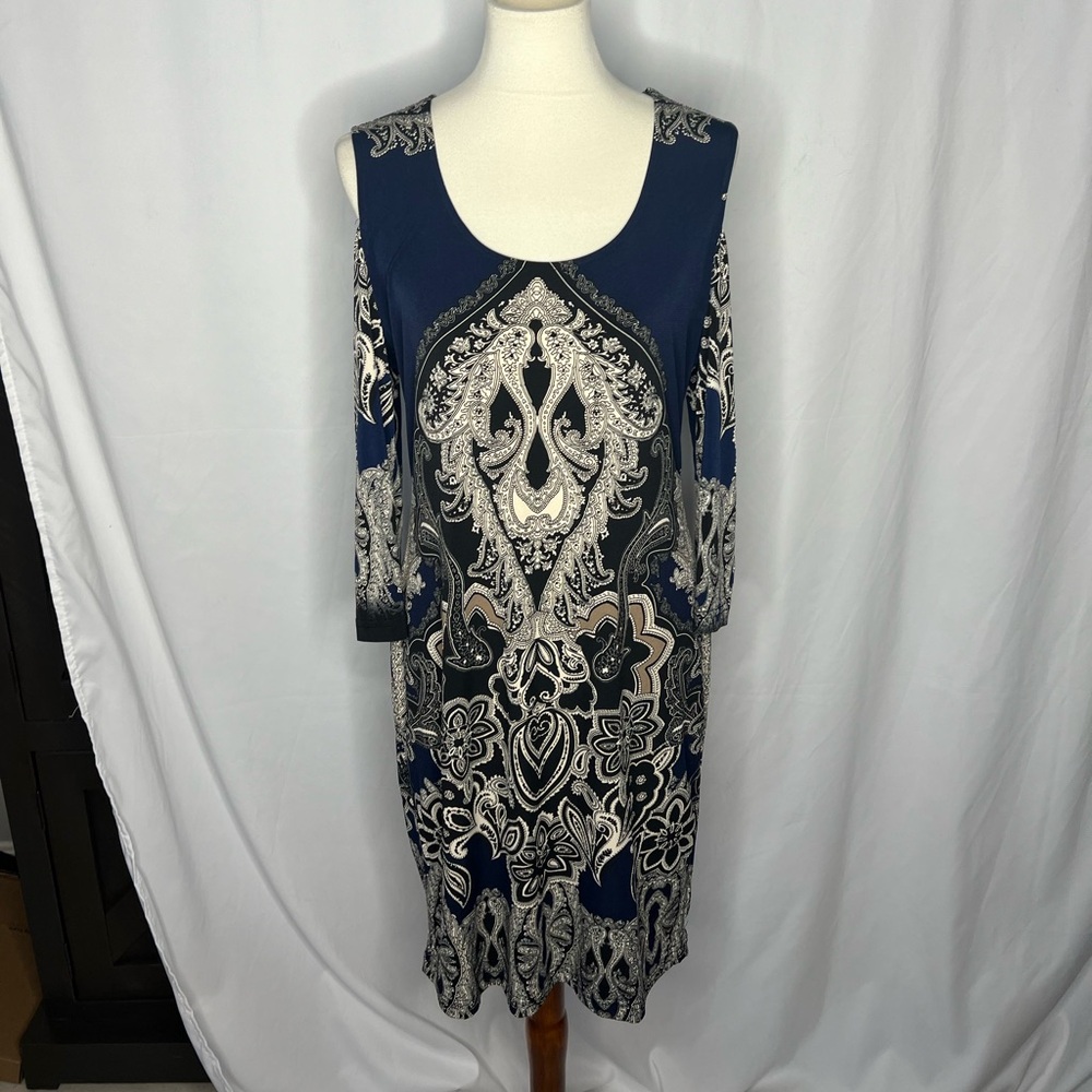 Venus Blue & Tan Print Cold-Shoulder Dress - New w/out tags - Large